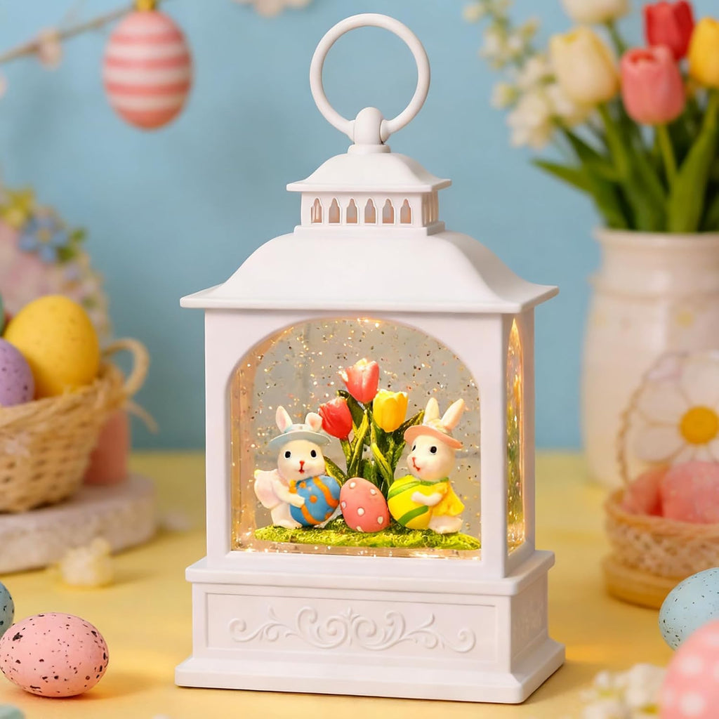 Skiennix Easter Bunny Snow Globe - Glitter Lantern with 6-Hour Timer for Spring Decor