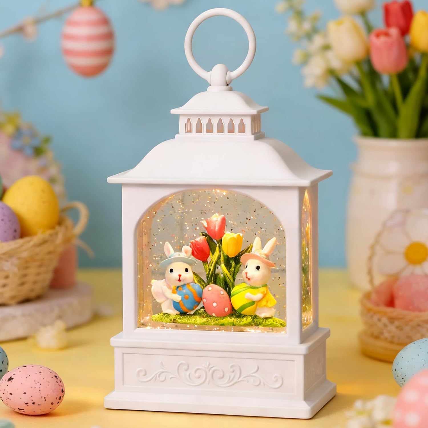 Skiennix Easter Bunny Snow Globe - Glitter Lantern with 6-Hour Timer for Spring Decor