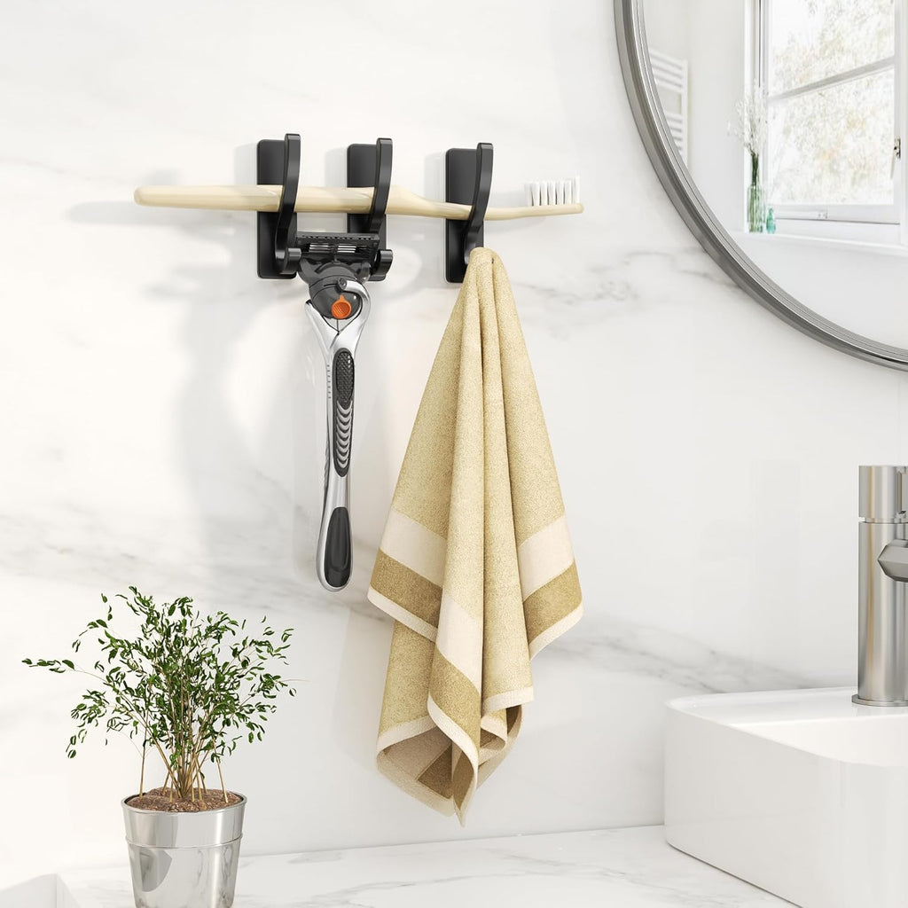Pickpiff Adhesive Wall Hooks - Heavy Duty Sticky Hooks for Towels & Coats | No Damage, Black 4 Pack