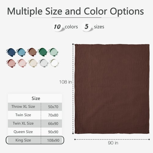 Carriediosa 100% Cotton Muslin Throw Blanket 108" X 90" King Size，4-Layers Summer Gauze Throws for Bed Couch，Soft Lightweight Breathable Linen Blankets Bedspread for Adults All Season，Dark Brown