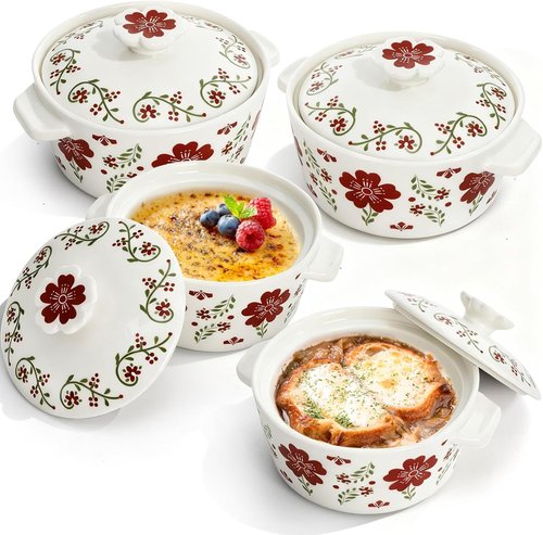 Coloch Mini Cocotte Set - 4 Pack 8 Oz Ceramic Ramekins with Lids | Oven Safe Red Casserole Dishes