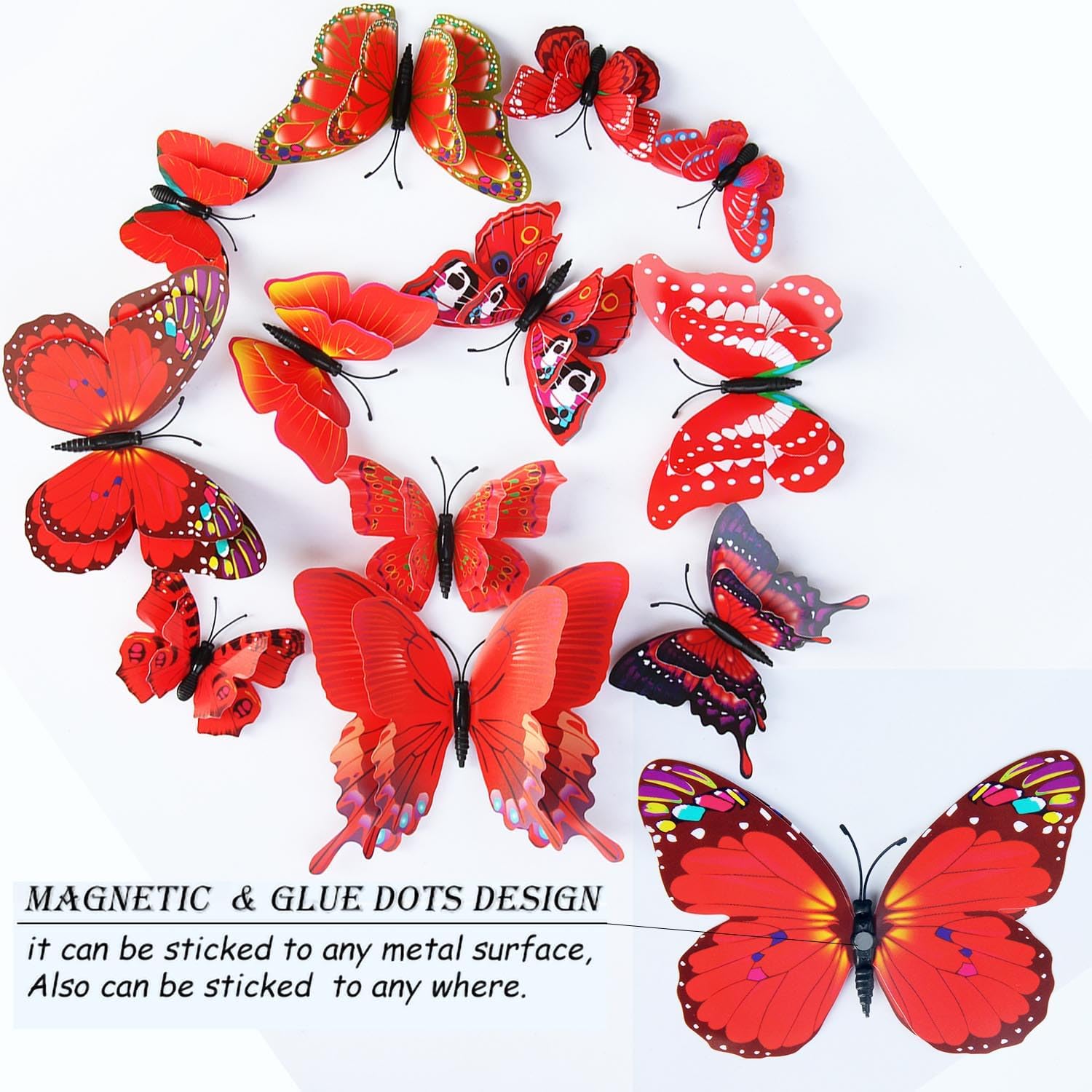 OPSEAM 3D Butterfly Wall Decor - 72 PCS Magnetic Stickers for Party Decorations (Red)