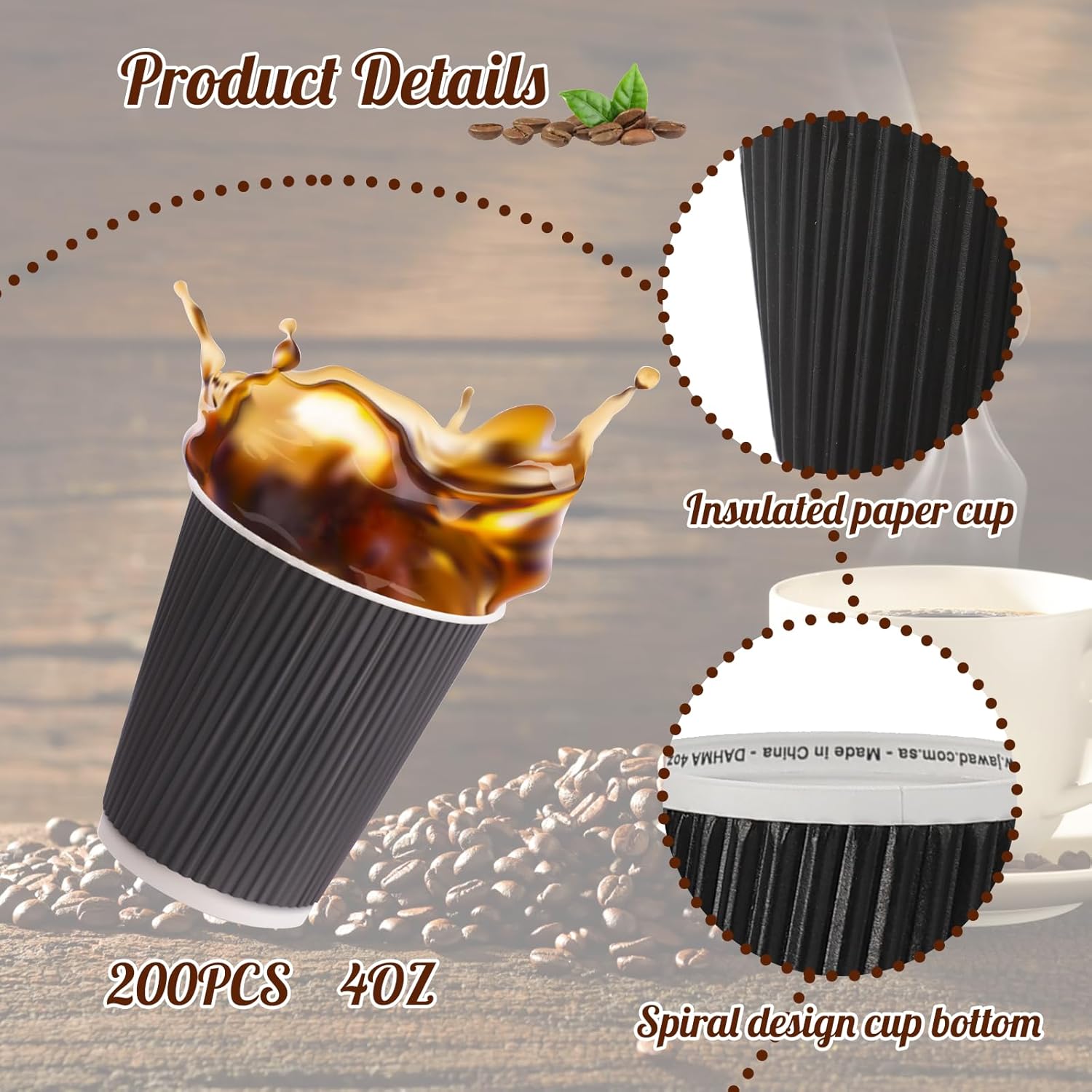 Skiennix 4oz Paper Espresso Cups - Ripple Wall Design for Hot & Cold Drinks | 200 Pcs, Black