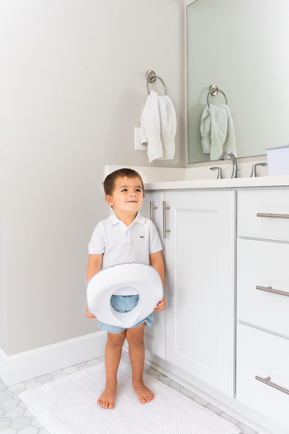 Ubbi Adjustable Toilet Trainer for Toddlers - Built-In Handles & Bonus Potty Hook | Gray