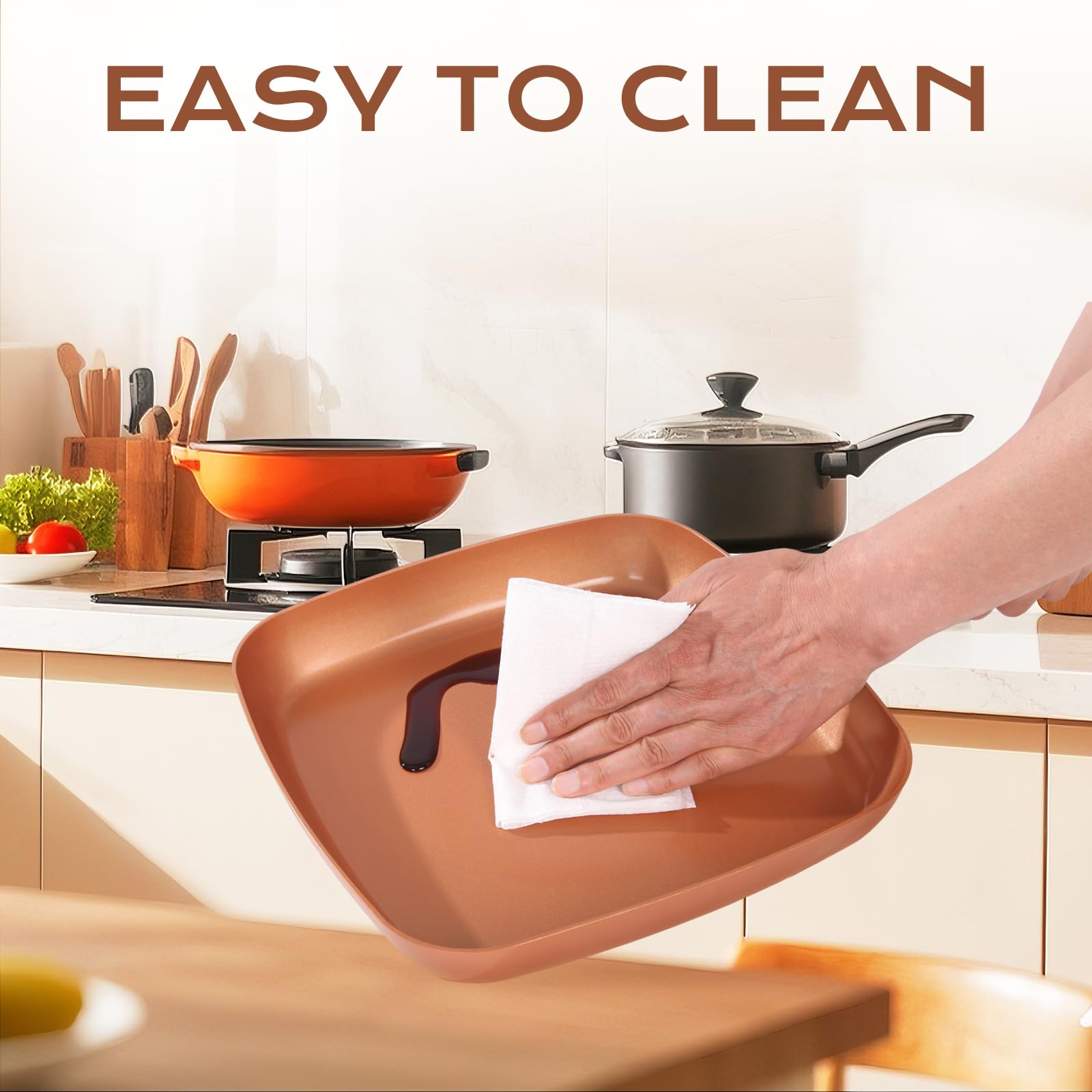 Toutrop Non-Stick Copper Square Frying Pan, 12" Chef Skillet with Ceramic Coating, Oven Dishwasher Safe, PFOA-Free, Home Use for All Stoves
