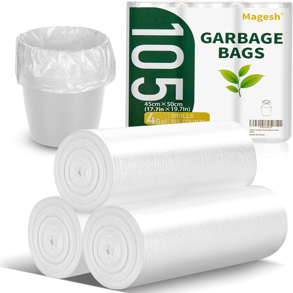 Magesh 4 Gallon Trash Bags - Strong & Thick, Unscented, Leakage-Free | 15L, Clear, 105 Count for Bathroom & Office