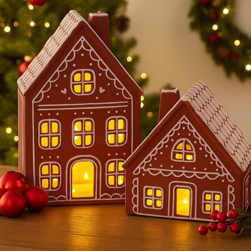 Funnymoom Lighted Ceramic Gingerbread Houses - Pre-Lit Christmas Tabletop Decor | 2 Sets for Holiday Cheer