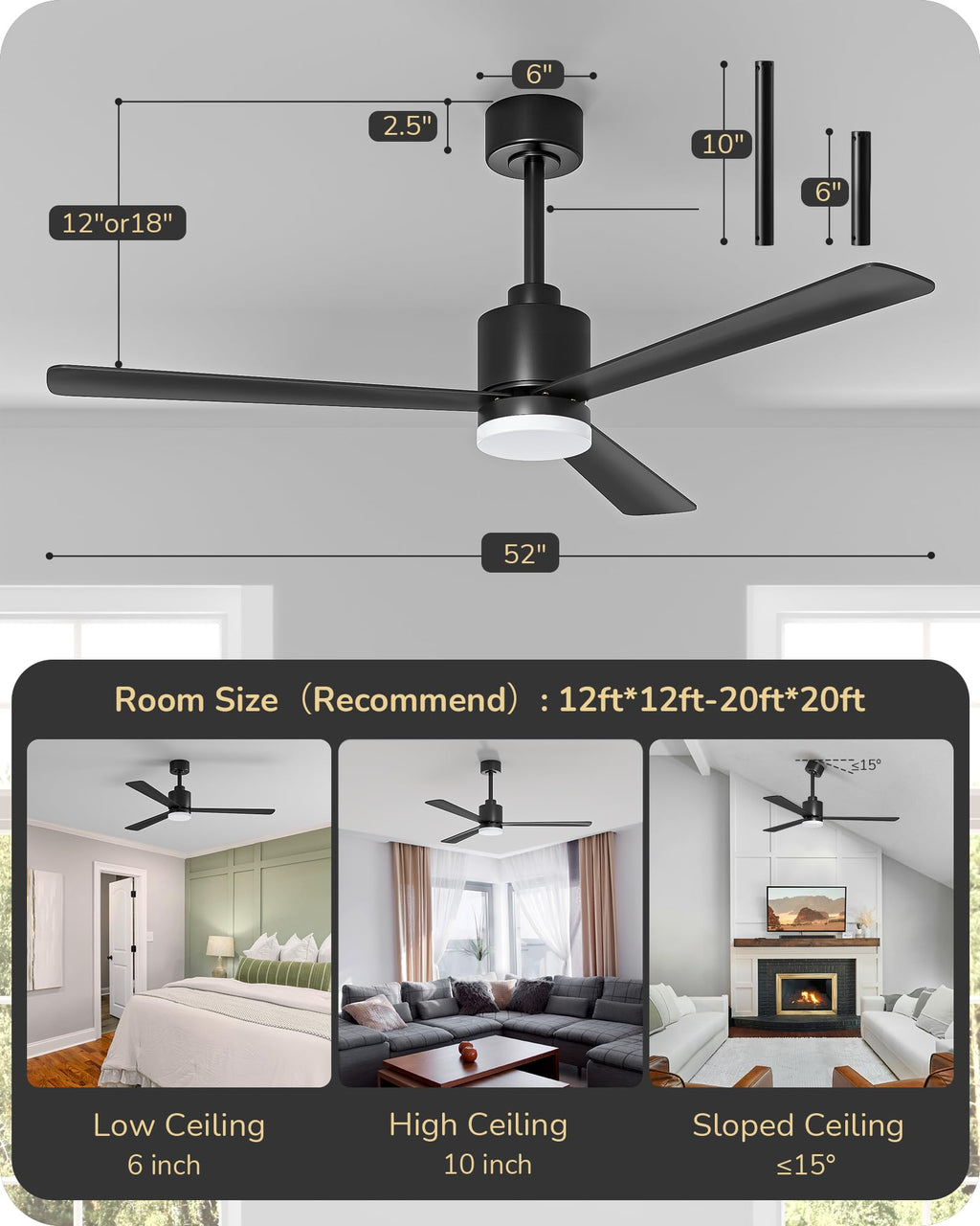 EDISHINE 52" Modern Matte Black Ceiling Fans with Lights, Noiseless, Remote Control, 3CCT Dimmable, Reversible DC Motor, 6 Speeds, Indoor Ceiling Fan for Bedroom, Living Room, Home Office