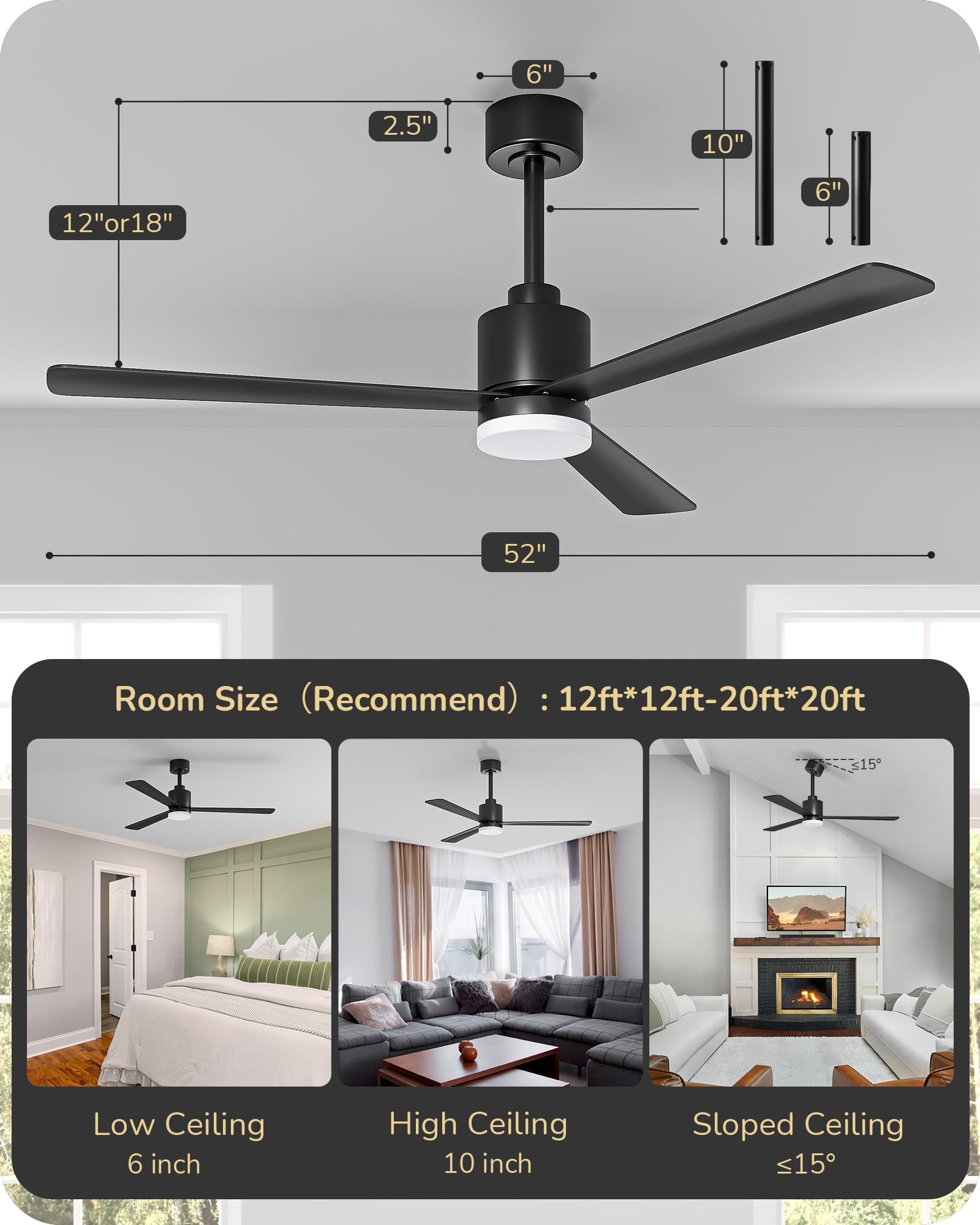 EDISHINE 52" Modern Matte Black Ceiling Fans with Lights, Noiseless, Remote Control, 3CCT Dimmable, Reversible DC Motor, 6 Speeds, Indoor Ceiling Fan for Bedroom, Living Room, Home Office