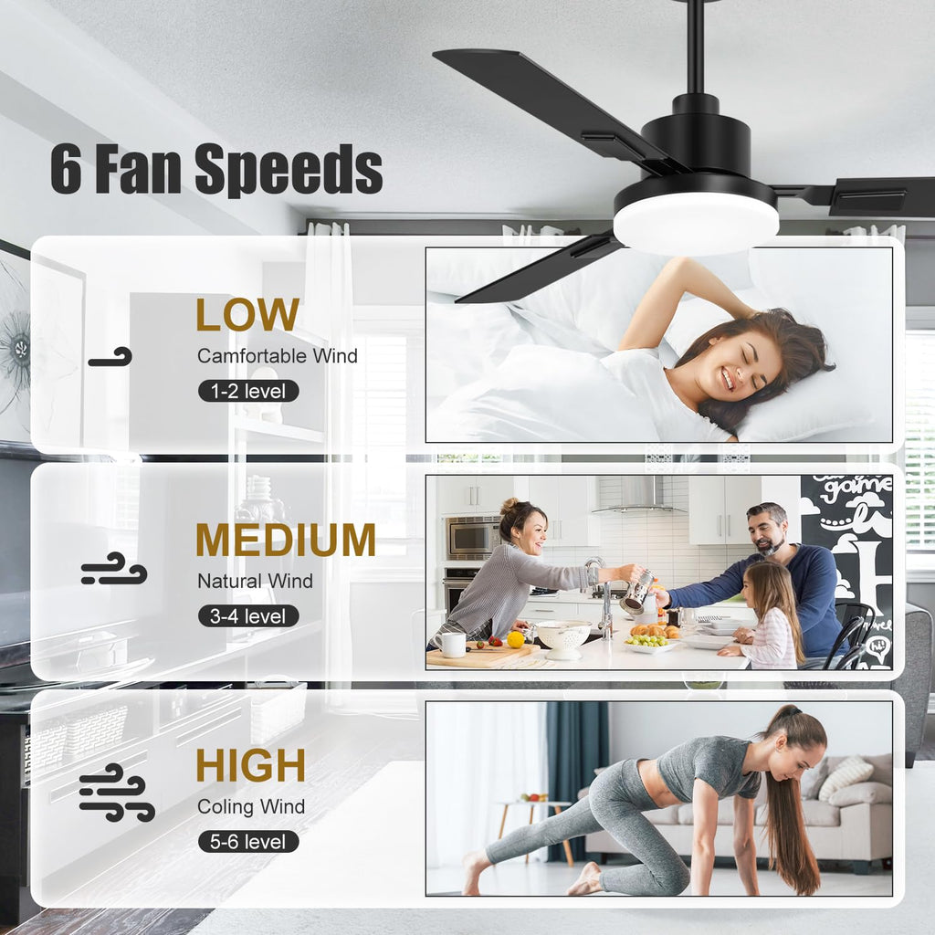 ZYD Ceiling Fans with Lights, 52 Inch Ceiling Fan with Light and Remote, Farmhouse Black Fan with Quiet Reversible DC Motor, 3 Blade LED Ceiling Fan with Light for Living Room, Bedroom, Family Room
