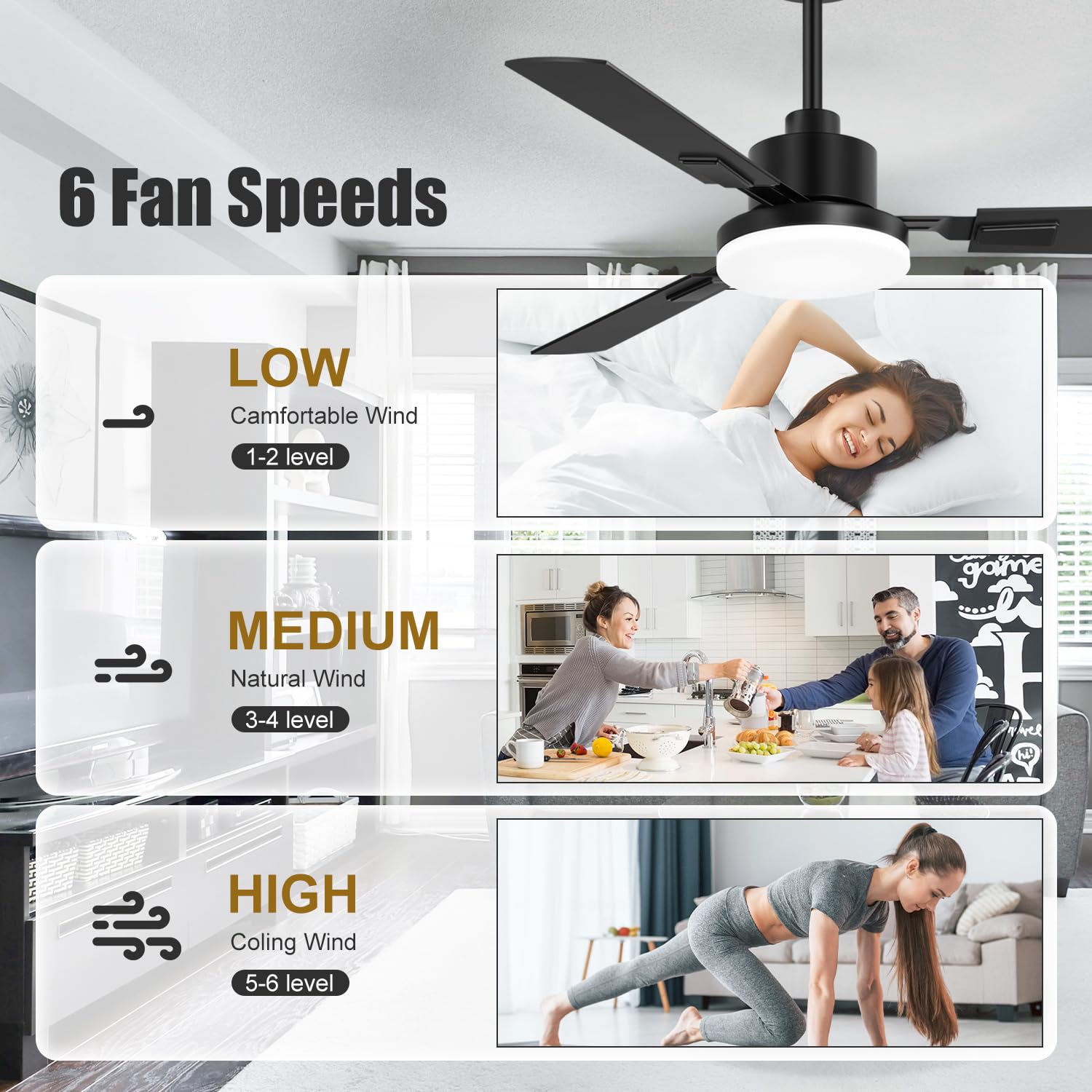 ZYD Ceiling Fans with Lights, 52 Inch Ceiling Fan with Light and Remote, Farmhouse Black Fan with Quiet Reversible DC Motor, 3 Blade LED Ceiling Fan with Light for Living Room, Bedroom, Family Room