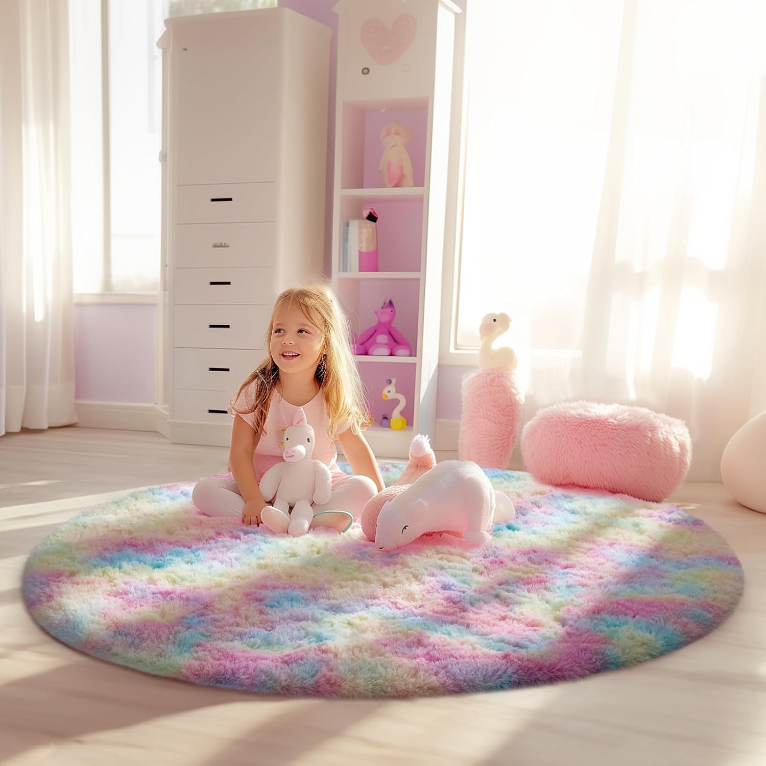 Ophanie Round Area Rug - Colorful 4Ft Rainbow Unicorn Design | Soft Plush Carpet for Kids' Rooms