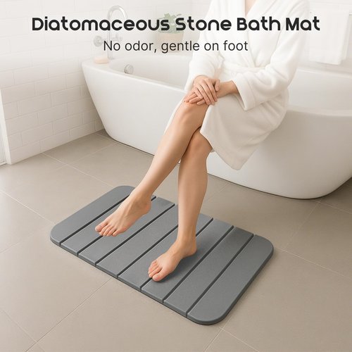 ArtyCozy Large Foldable Stone Bath Mat 28''×17'' with Non-Slip Rubber Base, Super Absorbent Quick Drying Diatomaceous Earth Mat for Bathroom, Easy to Store, Easy to Clean, Grey