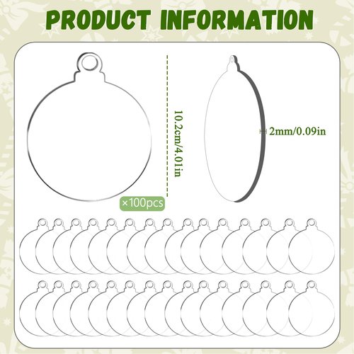 100 Pack Christmas Tree Ornaments Blanks - 4 Inch Clear Round Acrylic Flat Disc Ornaments Blanks Christmas DIY Crafts Transparent Circle Discs for Xmas Winter New Year Party Hanging Decorations