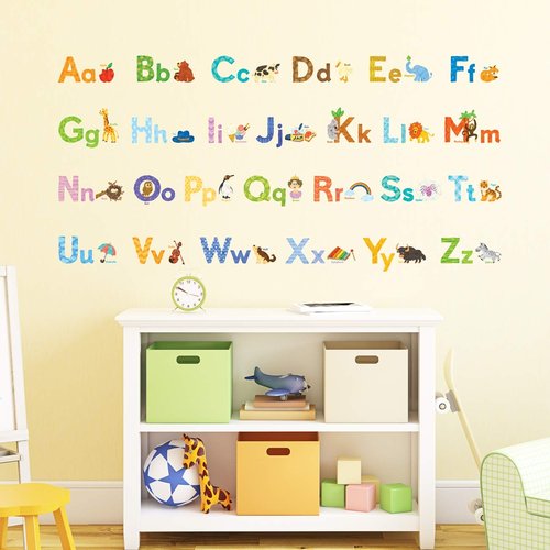 DECOWALL DS8-1608 Watercolour Animal Alphabet ABC Kids Wall Stickers Decals Peel and Stick Removable for Nursery Bedroom Living Room Art murals Decorations