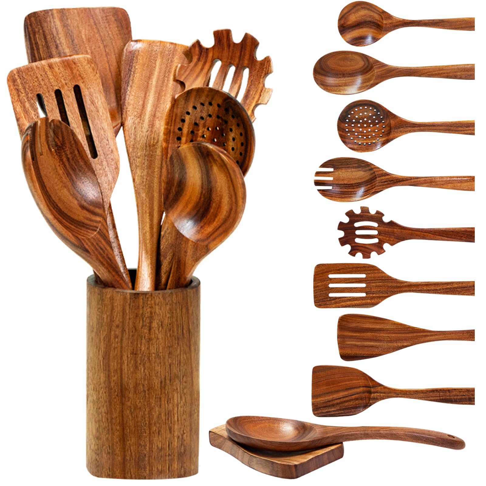 Vorisebo Wooden Spoons for Cooking, Natural Teak Wooden Utensils Set, 10 Piece Handmade Wood Kitchen Utensil Set with Holder and Spoon, Durable Nonstick Kitchen Cookware Tool