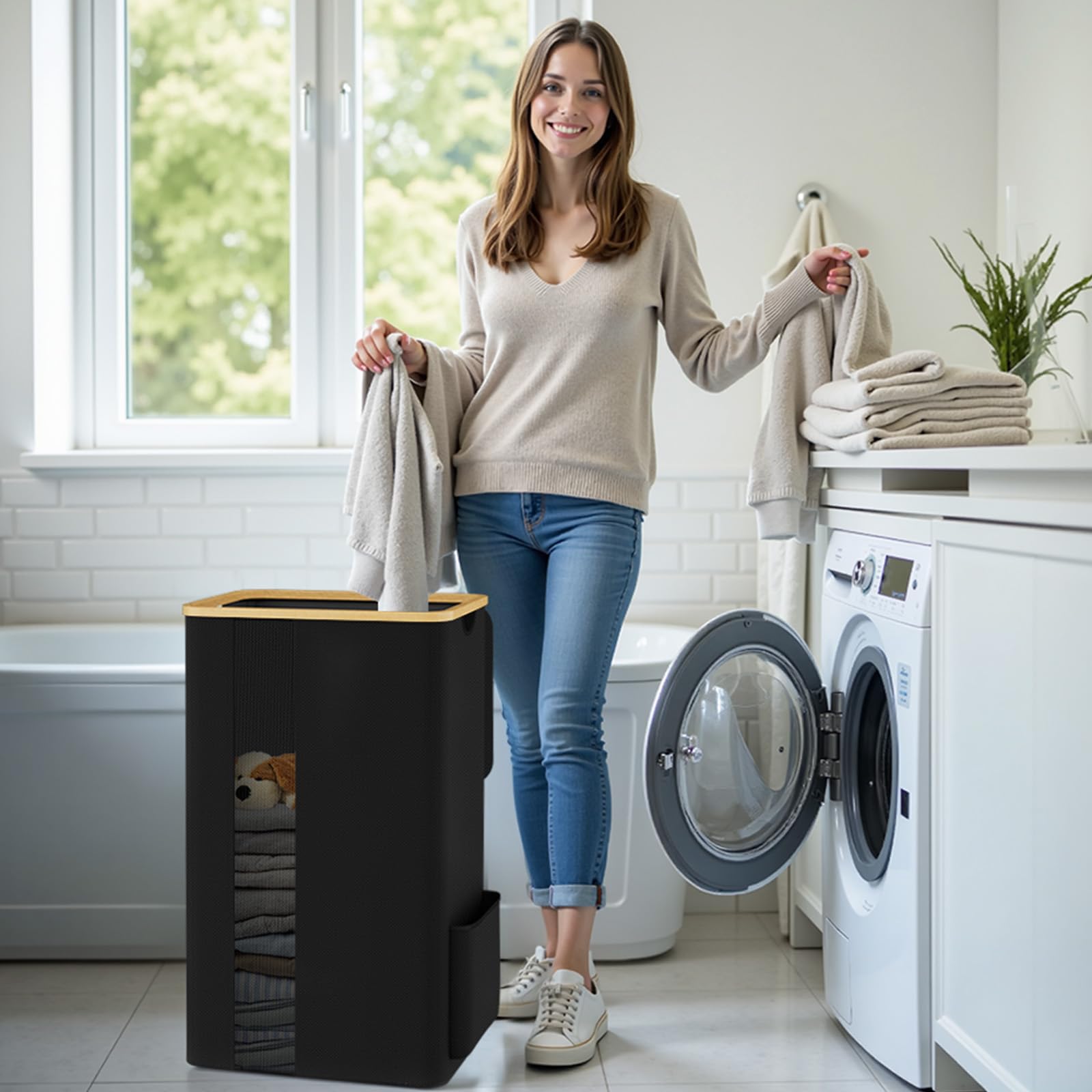 SpaceTrove Laundry Basket Clothes Hamper with Lid and Removable Bag Large Collapsible Laundry Baskets with Handle, Freestanding Hampers for Bedroom Aesthetic, Dorm, Bathroom, Laundry Room 100L (Black)