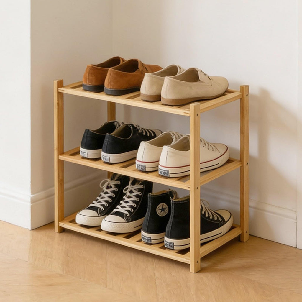 Akloya Small Shoe Rack, Multipurpose 3 Tier Shoe Organizers Rack，Small Bamboo Shelfs for Shoes, Plants, Books, Living Room, Hallway Bedroom, Bathroom (3 Tier)