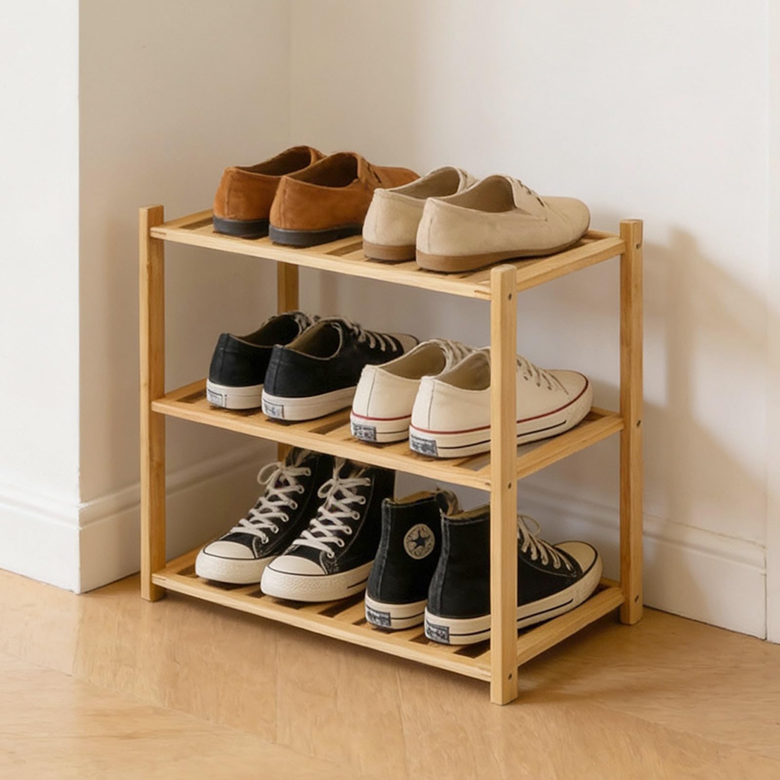 Akloya Small Shoe Rack, Multipurpose 3 Tier Shoe Organizers Rack，Small Bamboo Shelfs for Shoes, Plants, Books, Living Room, Hallway Bedroom, Bathroom (3 Tier)