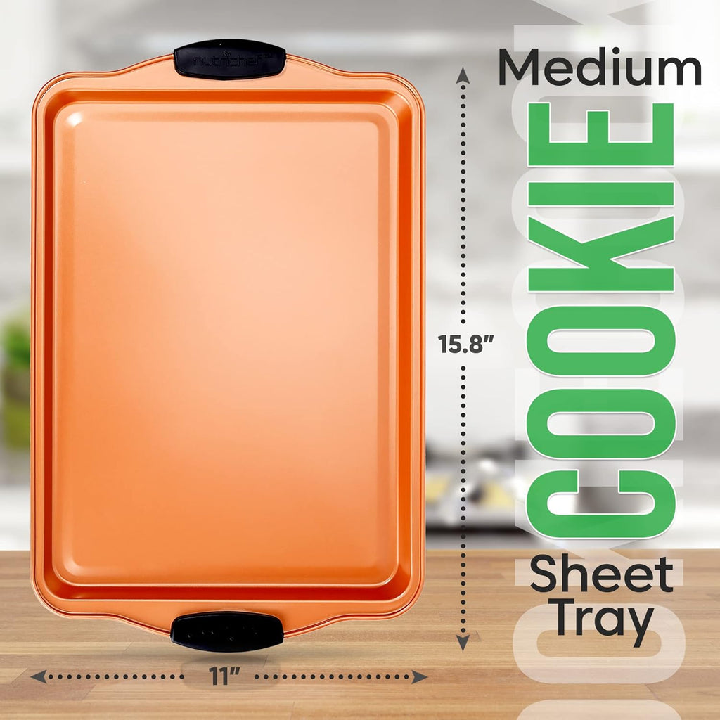 Nutrichef Nonstick Cookie Sheet - Premium Carbon Steel Baking Pan with Silicone Handles | 15” Copper, Dishwasher Safe