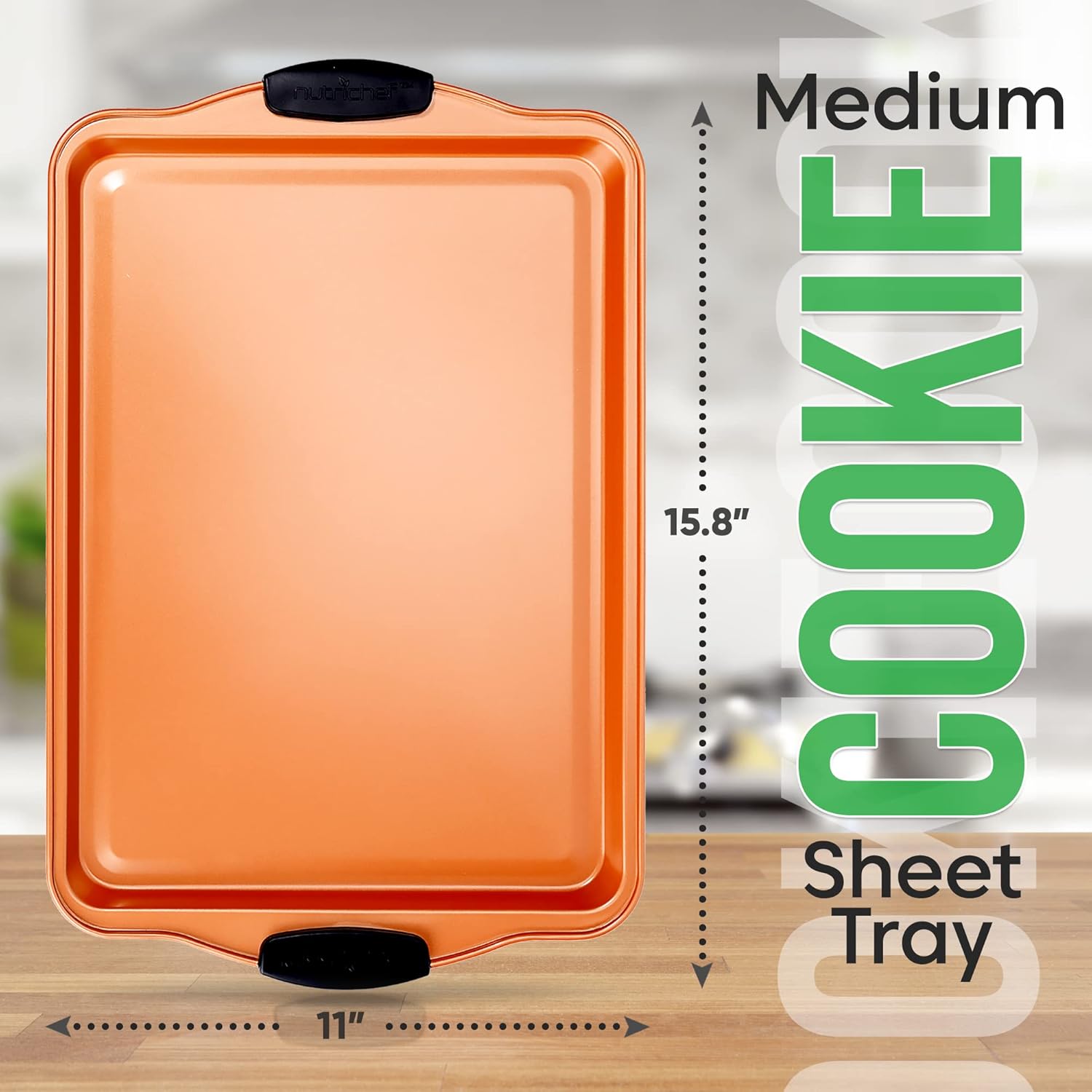 Nutrichef Nonstick Cookie Sheet - Premium Carbon Steel Baking Pan with Silicone Handles | 15” Copper, Dishwasher Safe