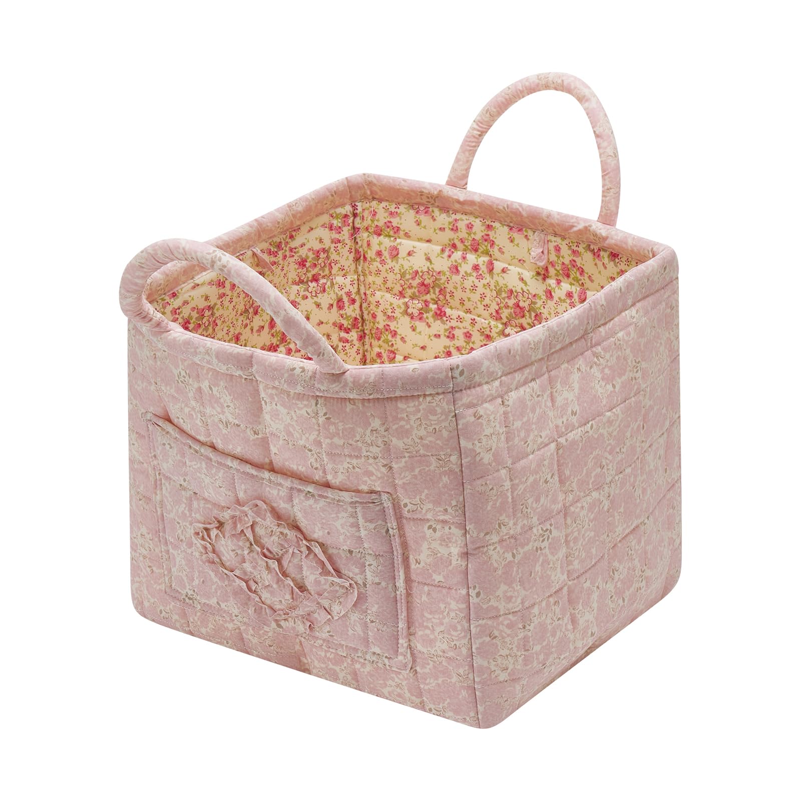 Neaonau Quilted Fabric Storage Basket with Handles & Pocket, Foldable Laundry Hamper Boho Floral Print Organizer Bin for Home, Picnic, Office 12"x10"x10" (A-4)