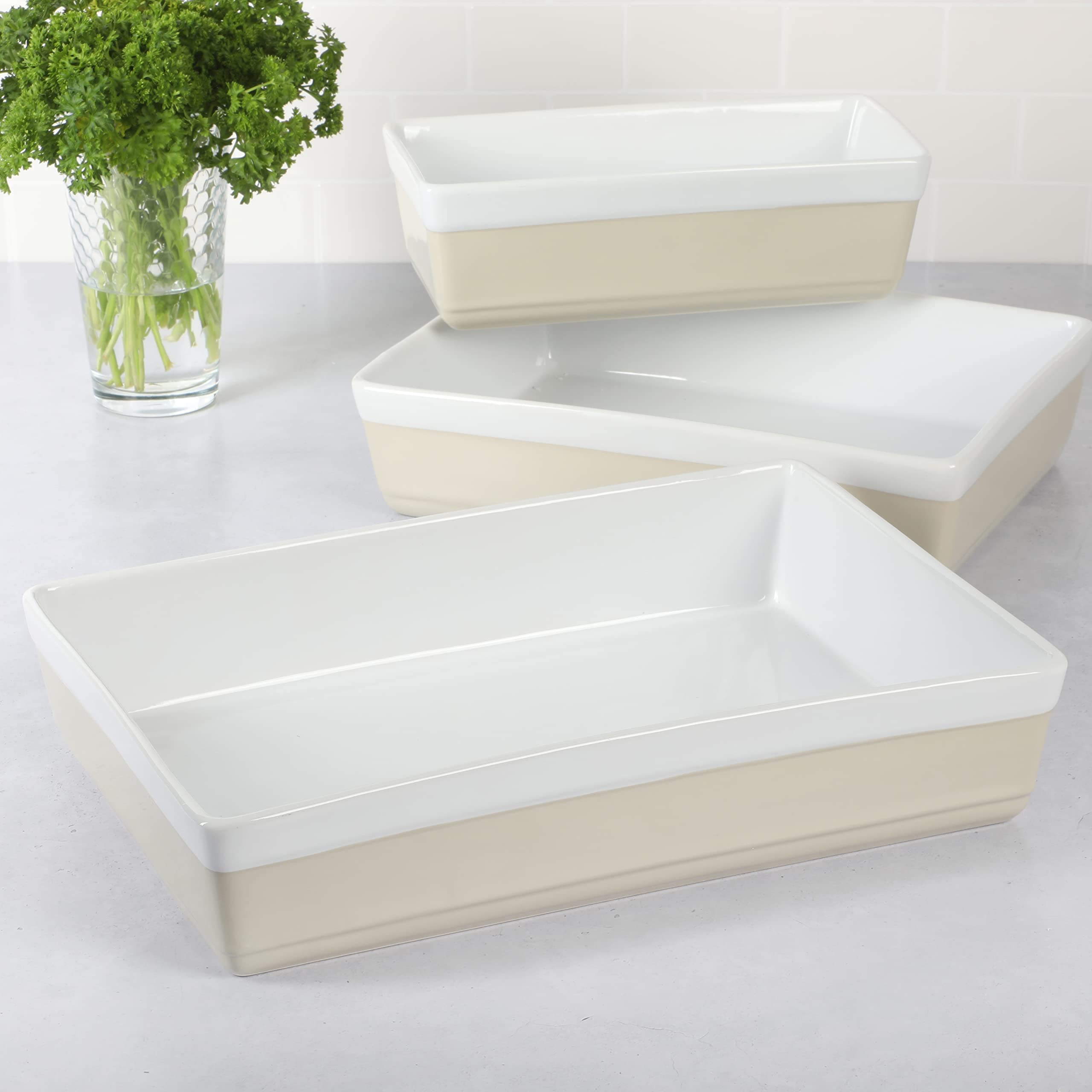 MARTHA STEWART 3-Piece Oven to Table Stoneware Bakeware Set – Baking Dish & Casserole Set – Grey – Durable Oven-Safe Bakeware for Baking and Serving