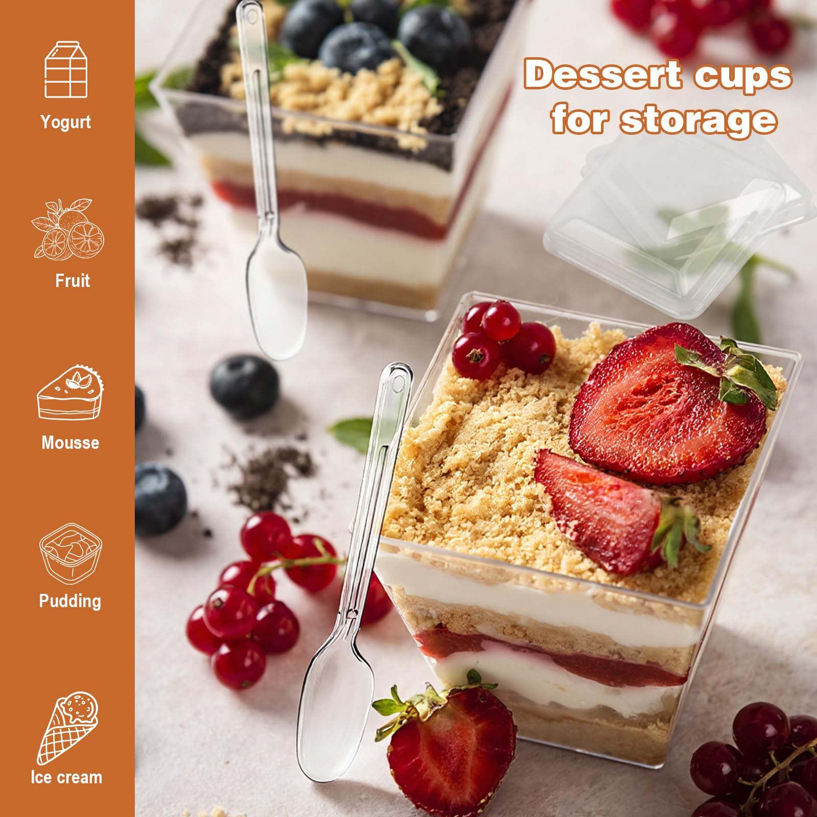 LifeIdeas 150 Pcs Mini Dessert Cups with Spoons and Lids, 5 Oz Square Vasitos Para Postres, Shooters Cups for Party, Clear Yogurt Parfait Cups for Pudding, Fruit, Mousse, Snacks & Appetizers