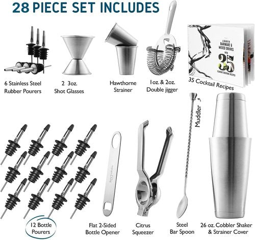Eatex Cocktail Shaker Set - 28-Piece Stainless Steel Mixology Kit with Bar Tools & Recipe Book | Silver