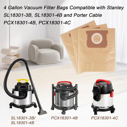 25-1238 Vacuum Bags for Stanley 4 Gallon Vacuum - 12 Pack Dust Bags for Stanley Vacuum Replace Part PCX18301-4B PCX18301-4C SL18301-3B SL18301-4B