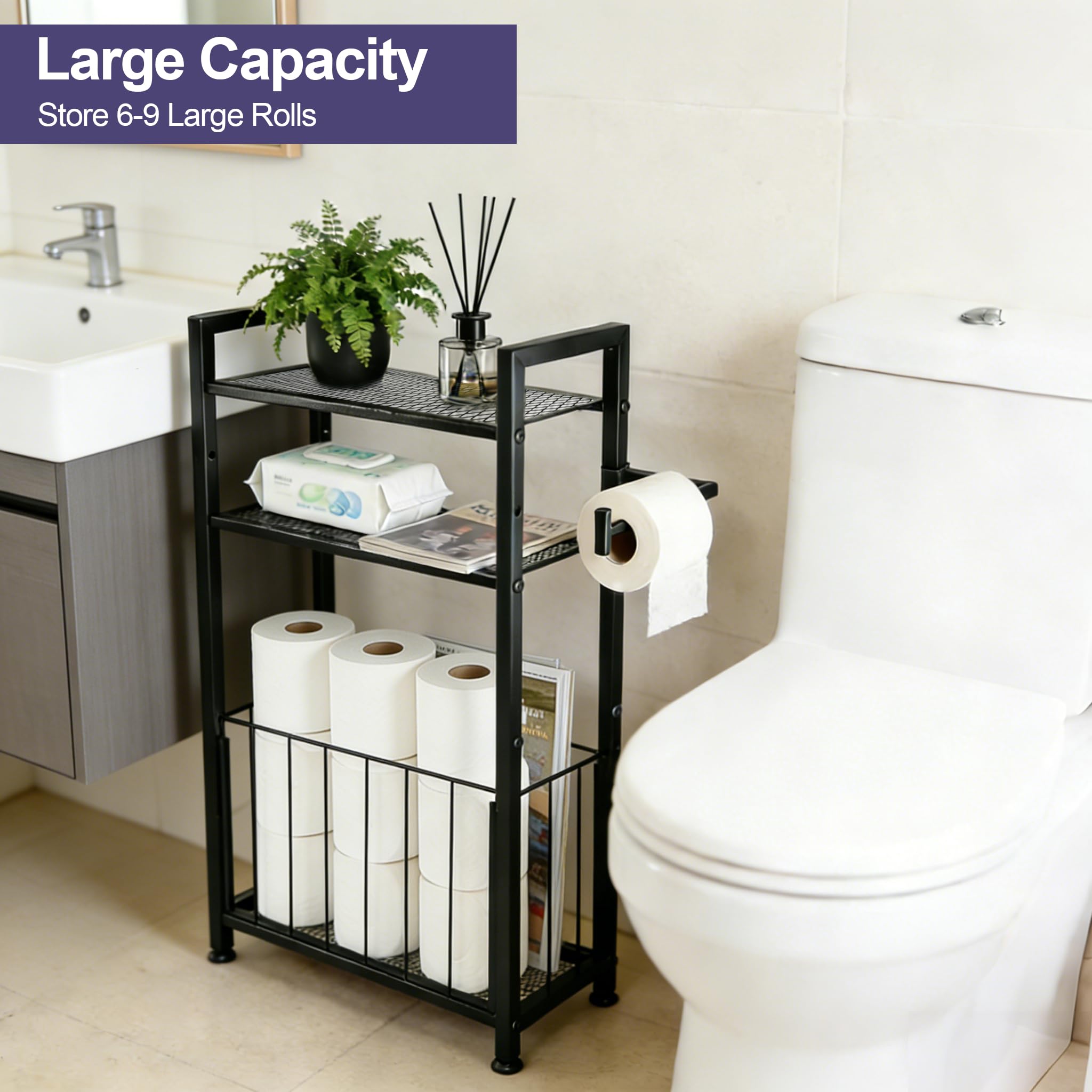 Free Standing Toilet Paper Holder with Shelf, Adjustable Feet Bathroom Toilet Paper Holder Stand for Narrow Space, Roll Dispenser Tissue Holder, Holds Multiple Rolls and Keeps Paper Dry and Clean