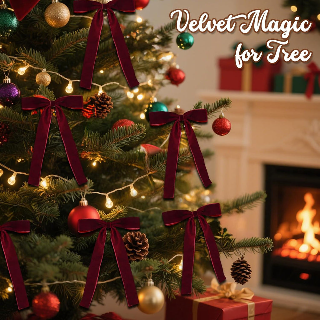 Regine Switzerland Burgundy Velvet Christmas Tree Bows - 18 Pcs Holiday Decorations (5x7", 1" Wide)