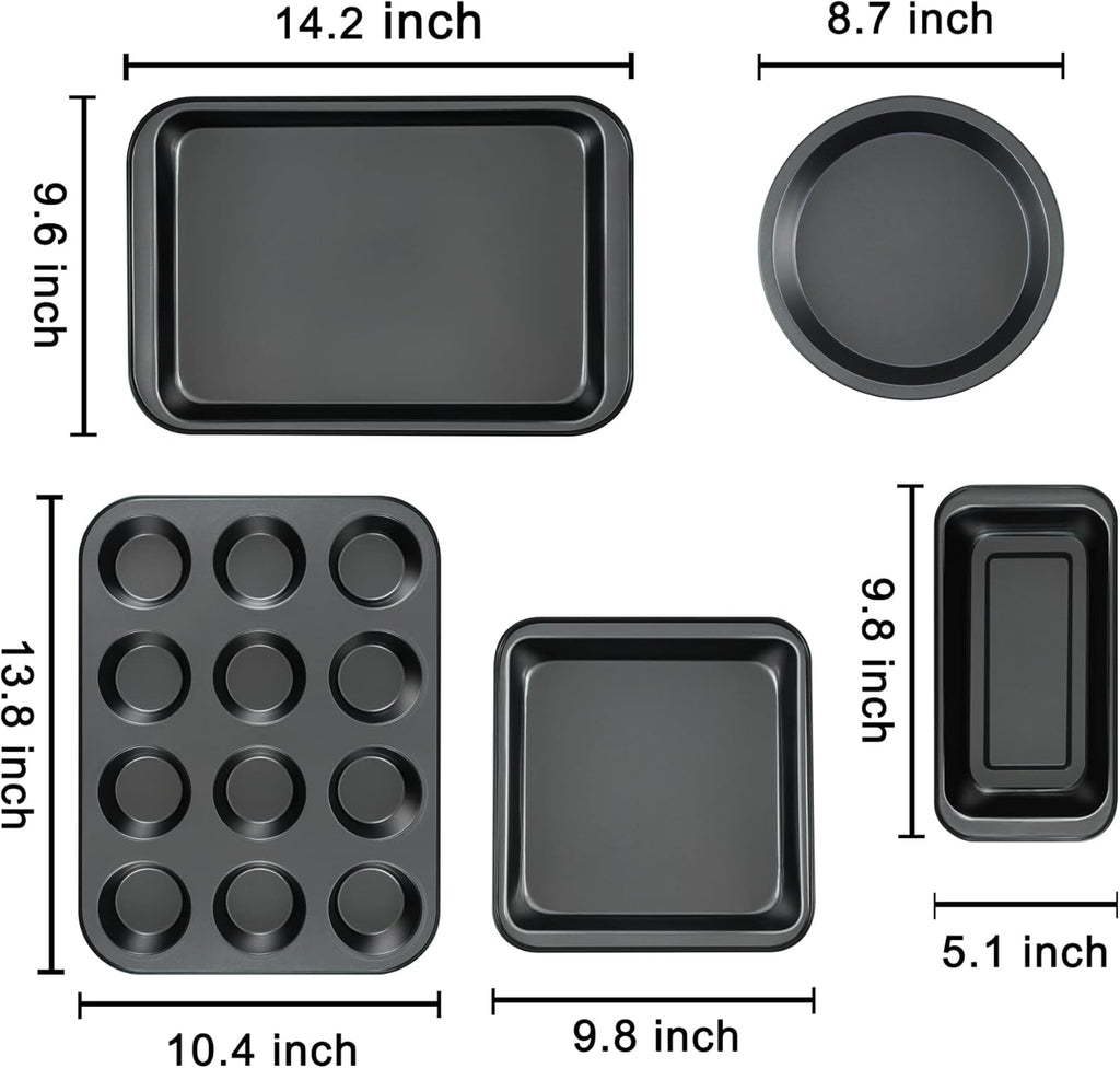 Mobzio Kitchen Nonstick Bakeware Set - 5-Piece Round & Square Cake Pans, Muffin Pan, Loaf Pan & Baking Sheets
