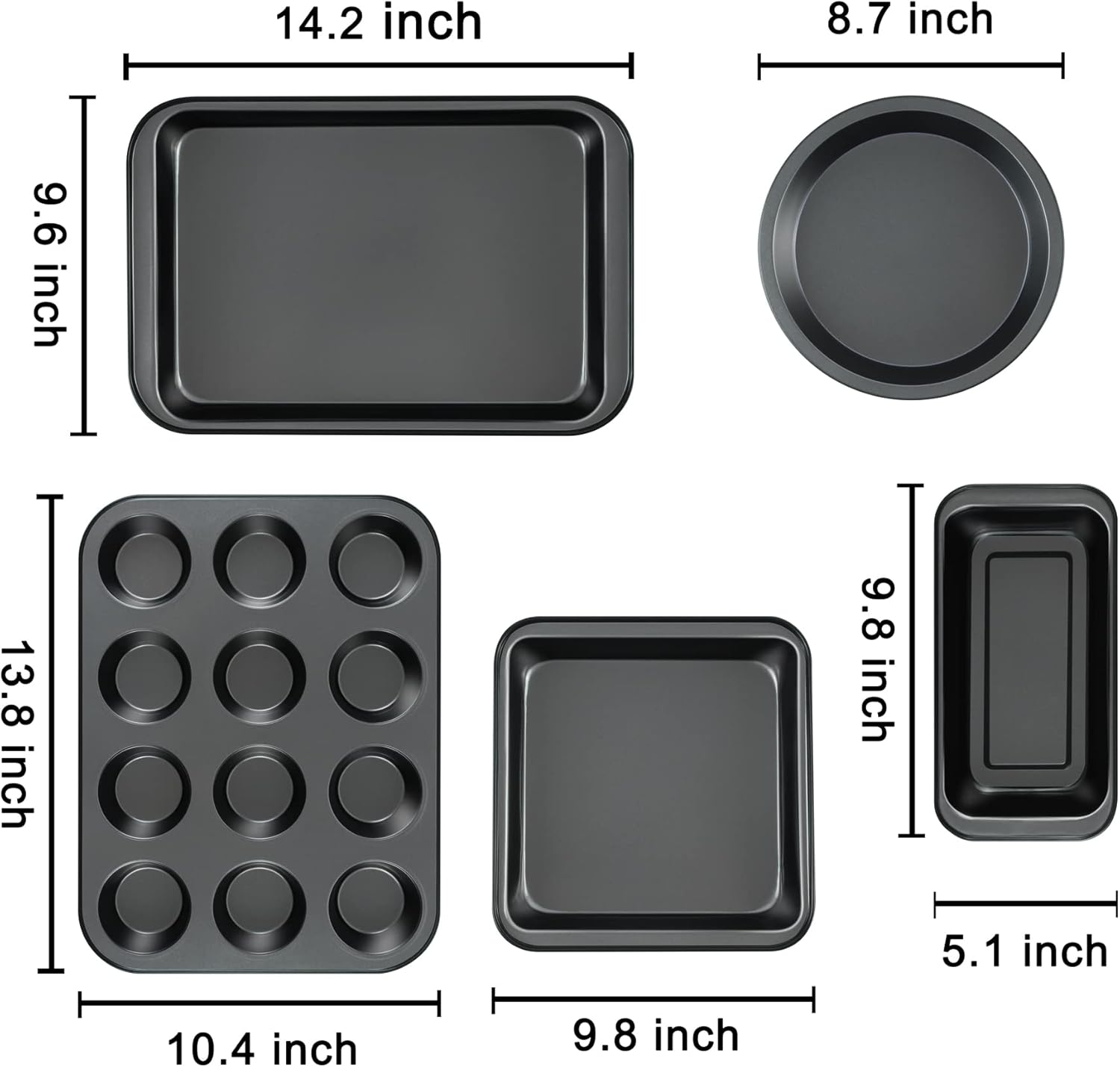 Mobzio Kitchen Nonstick Bakeware Set - 5-Piece Round & Square Cake Pans, Muffin Pan, Loaf Pan & Baking Sheets