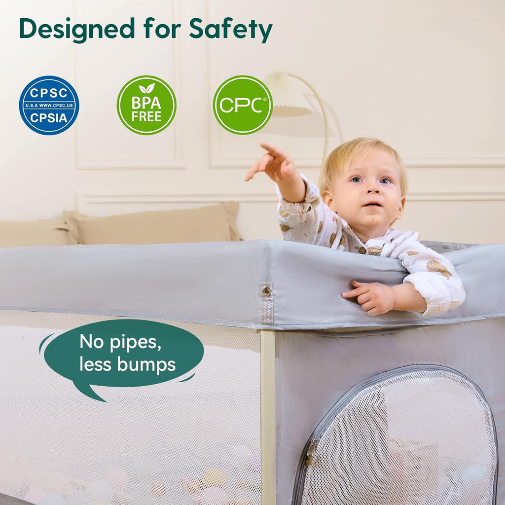 Babelio Foldable Baby Playpen - Portable 46" x 46" Playard for Indoor & Outdoor Use - No Assembly Required, Grey