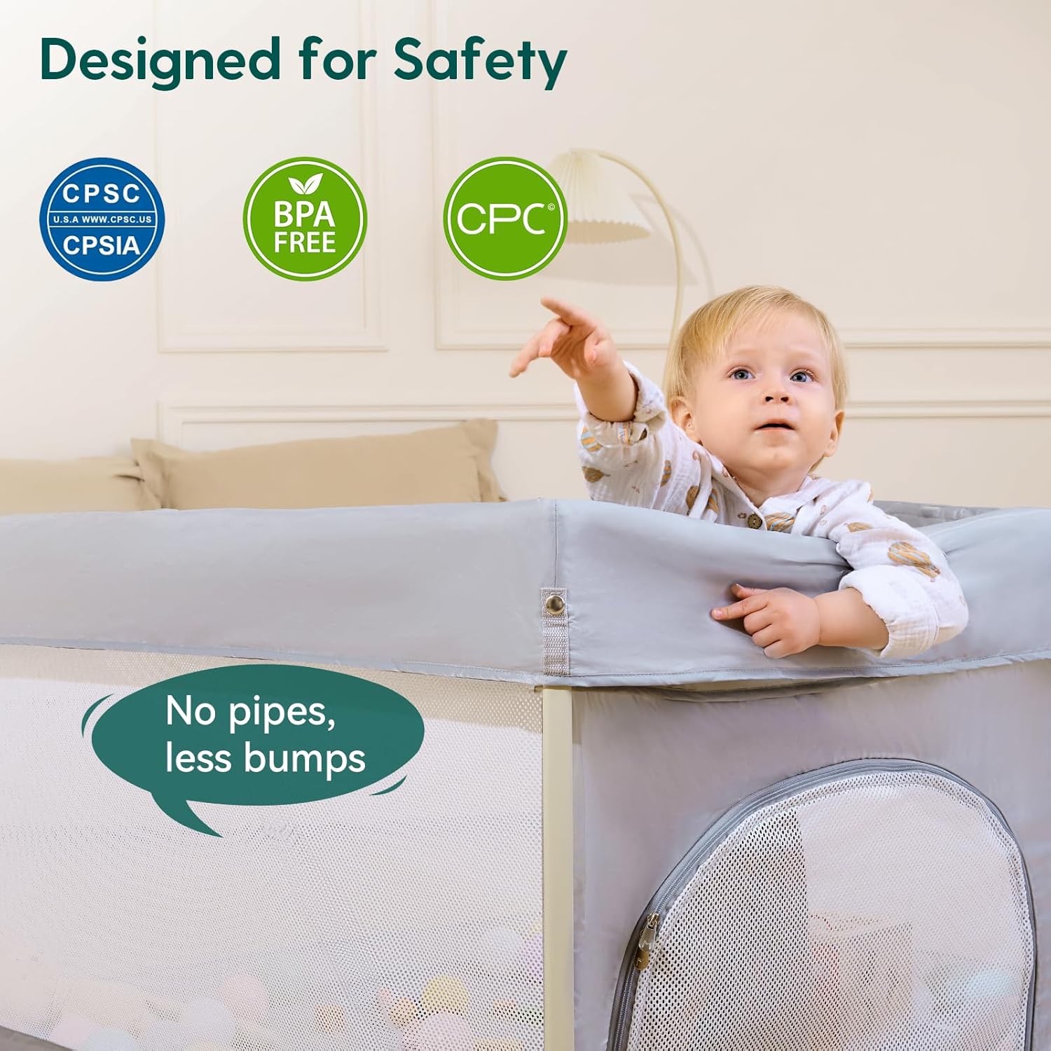 Babelio Foldable Baby Playpen - Portable 46" x 46" Playard for Indoor & Outdoor Use - No Assembly Required, Grey