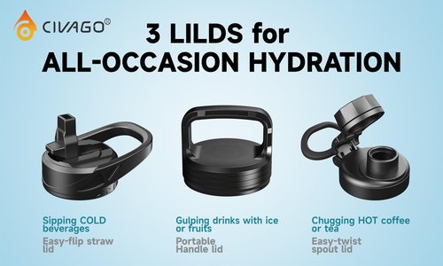 CIVAGO 24 oz Insulated Water Bottle With Straw, Stainless Steel Sports Water Flask Cup with 3 Lids (Straw, Spout and Handle Lid), Double Walled Travel Thermal Canteen Mug, Black