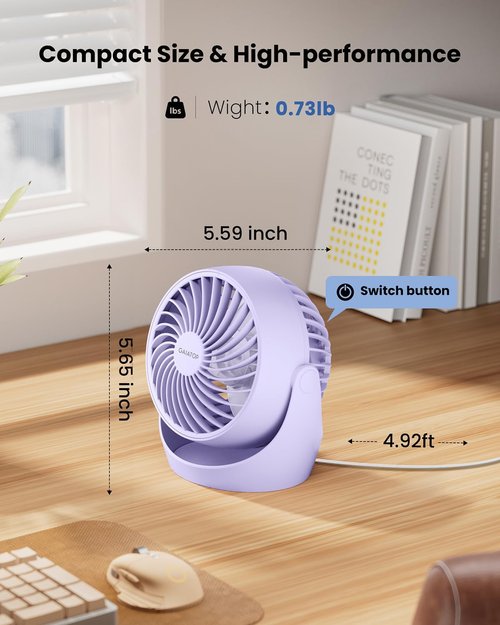 Gaiatop Portable Desk Fan - 5-Inch Electric Air Circulator with 3 Speeds & 360° Tilt - Purple