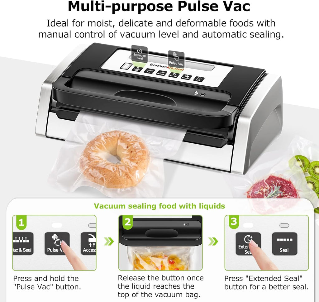 Bonsenkitchen Vacuum Sealer Machine - Powerful Low-Noise Design with Built-In Cutter & Bag Storage | Includes 1 Bag Roll & 10 Bags