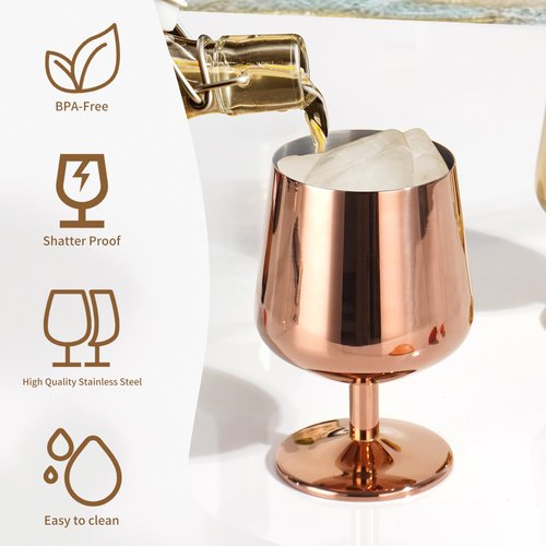 SuperCook 12oz Cognac Snifter Glasses, Brandy Snifters Set of 6, Snifter Glasses, Stemmed Whiskey Glasses, 18/10 Stainless Steel, Dishwasher Safe, Ideal Gift for Wine Lover, Rose Gold