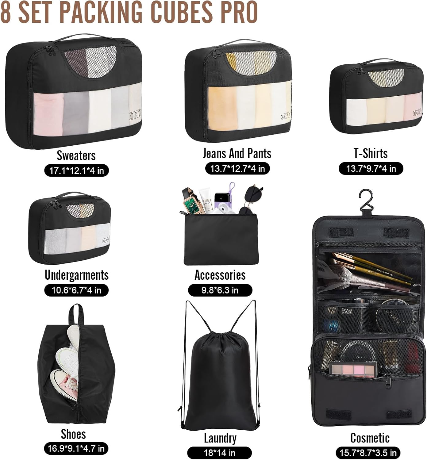 OlarHike 48QT Storage Bins - 3 Pack with 8 Packing Cubes for Organized Travel & Home Use