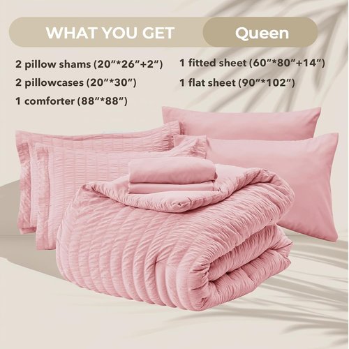 HYMOKEGE Pink Queen Comforter Set - 7-Piece All-Season Luxury Bedding in a Bag with Sheets & Pillowcases