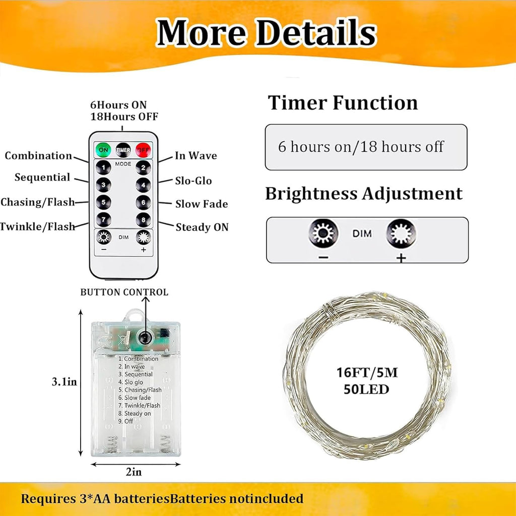 Skiennix 50 LED Fairy Lights - Battery Operated with Remote Control & Timer | 16 FT Warm White Twinkle String Lights for Indoor/Outdoor Décor