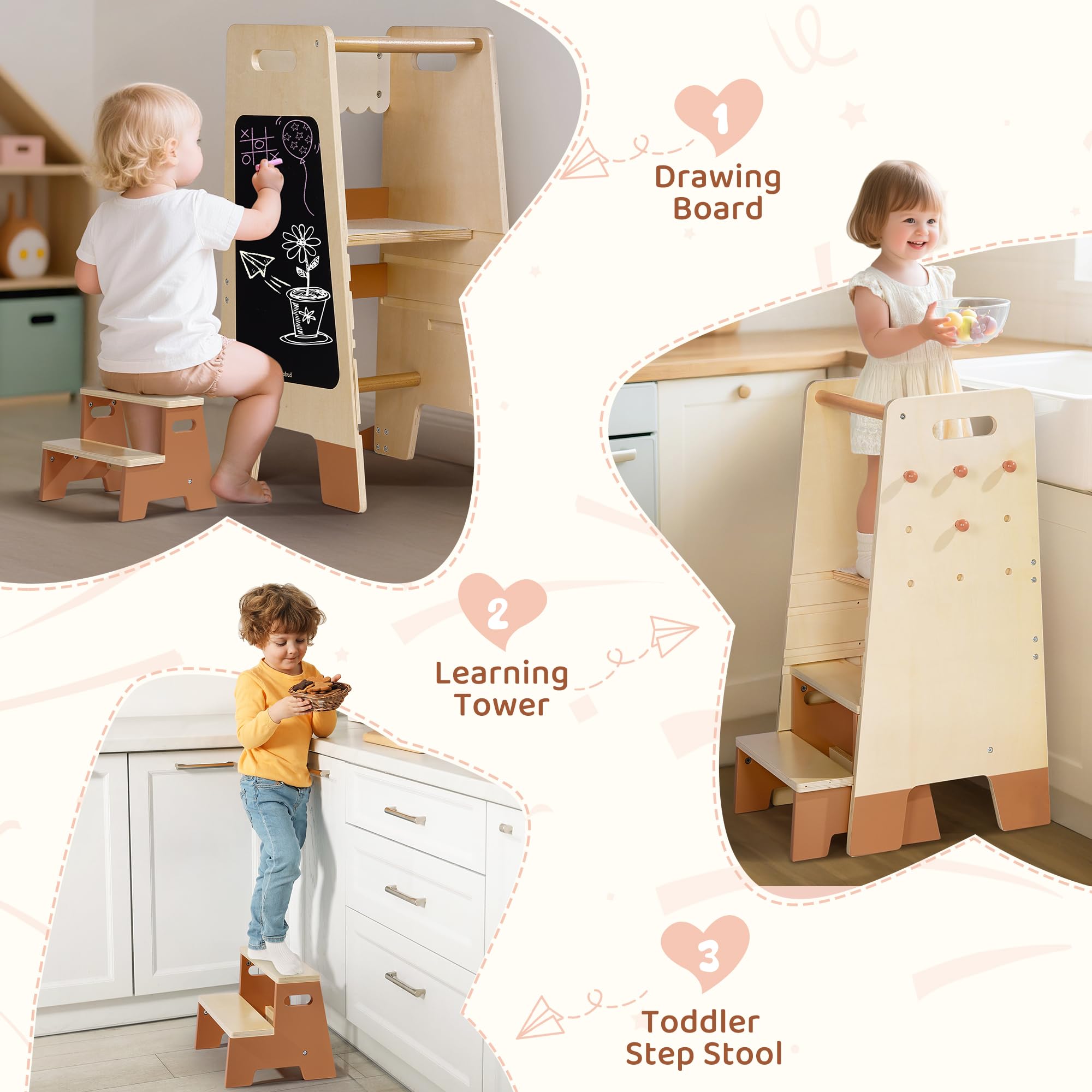 ROBOTIME Toddler Standing Tower, Learning Tower with Step Stool Set, 2-in-1 for Kids, Adjustable Height Toddler Tower for Kitchen & Bathroom, Learning Tower with Blackboard for 2 Year Old