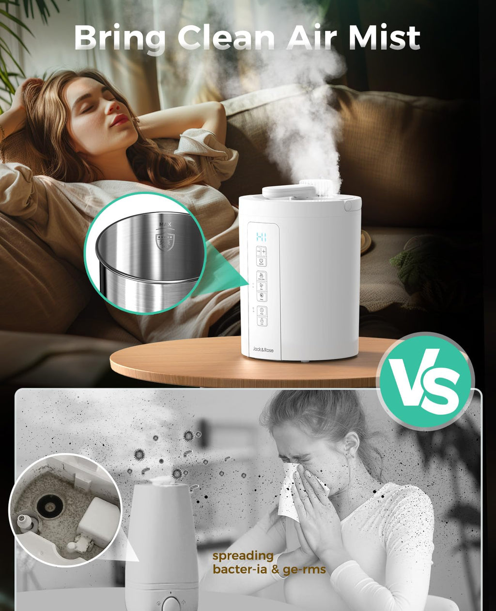 3L Stainless Steel Humidifier for Bedroom, Warm Mist Humidifiers Easy Clean, Steam Humidifier for Living Room, Whisper-Quiet and Filterless, with Sleep Mode and Timer, Auto-off Setting