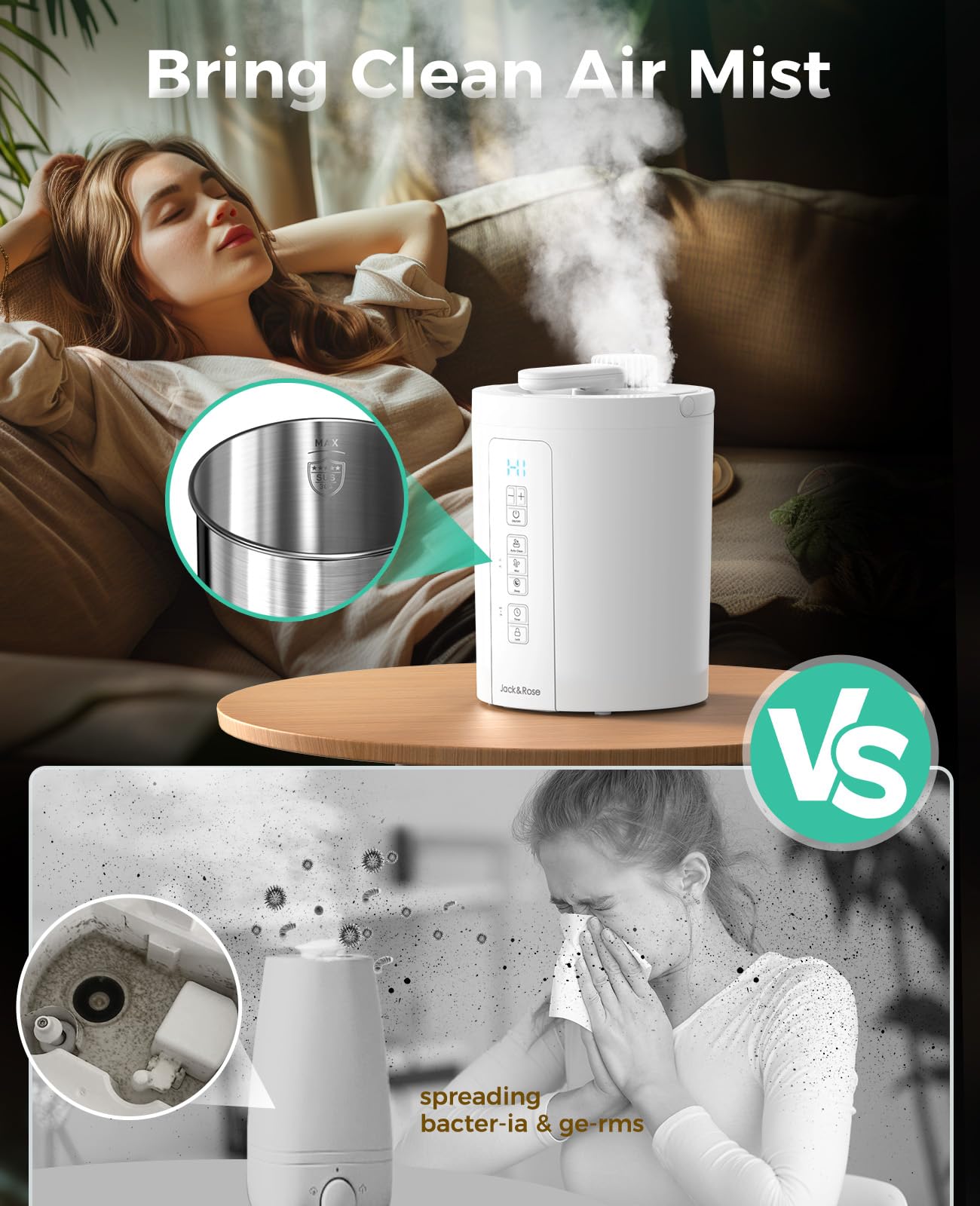 3L Stainless Steel Humidifier for Bedroom, Warm Mist Humidifiers Easy Clean, Steam Humidifier for Living Room, Whisper-Quiet and Filterless, with Sleep Mode and Timer, Auto-off Setting