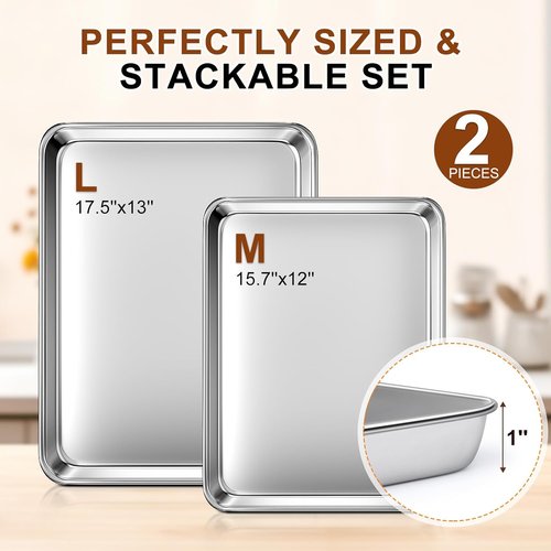 Commercial Grade Stainless Steel Baking Sheet Set by [Brand Name] - Thicker, Nonstick & Rust Resistant | 17.5''x13'' & 15.7''x12'' Sizes