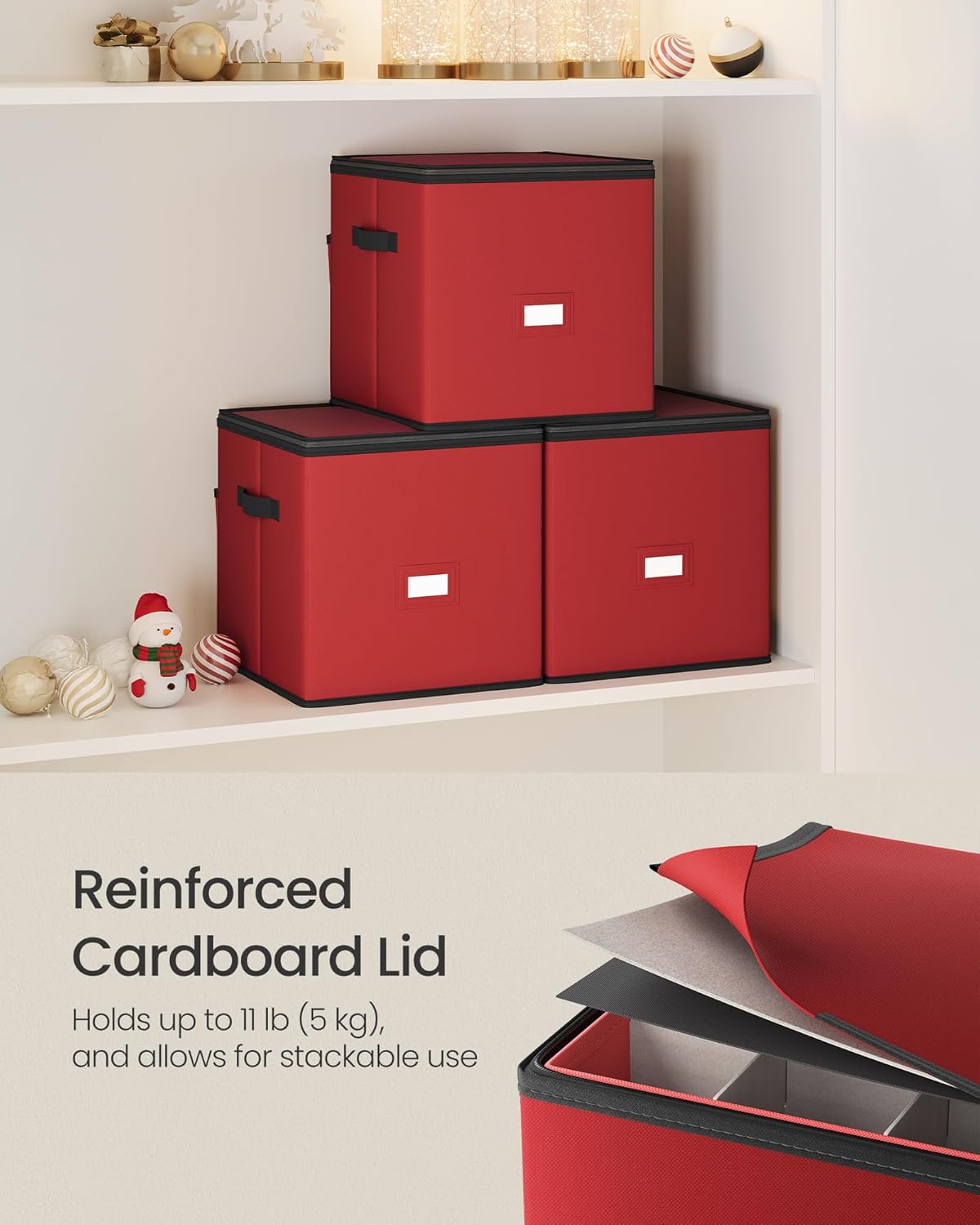 SONGMICS Christmas Ornament Storage Box - Stackable Dual-Zipper Container with 64 Slots, Cherry Red