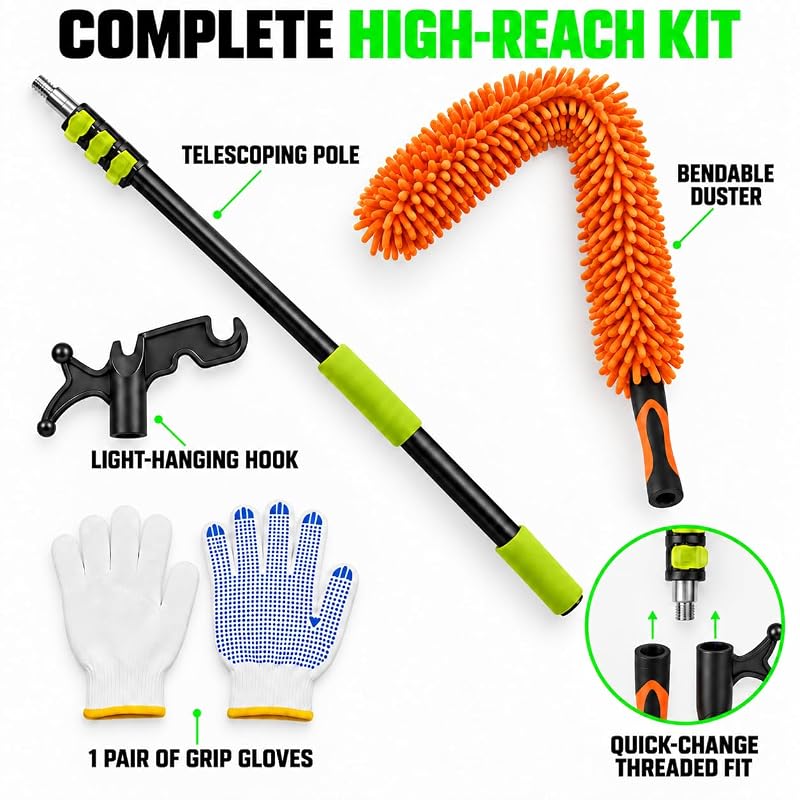 Telescoping Christmas Light Pole with Hook, Duster & Gloves 12 ft