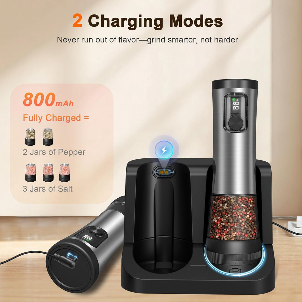 Skiennix Electric Salt and Pepper Grinder Set - Rechargeable Stainless Steel Mill with LED Light & 100ml Capacity